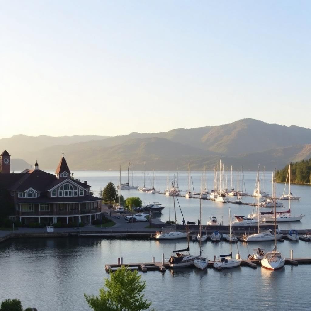 North Idaho marina and lake surrounded by forested mountains